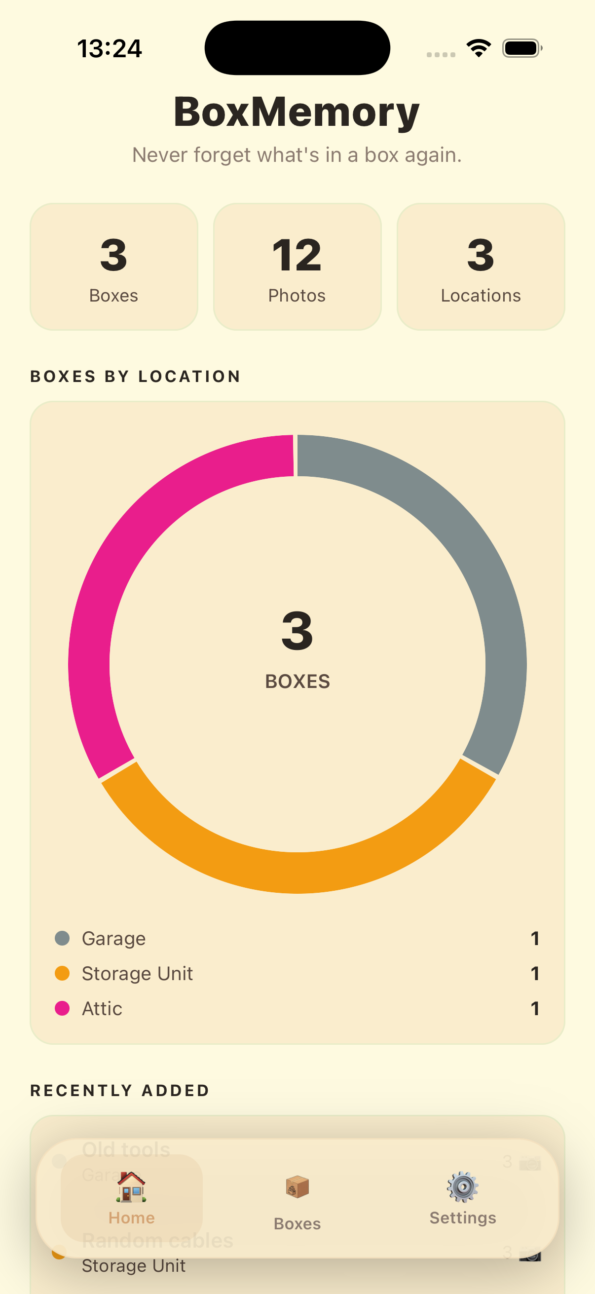 BoxMemory app home screen